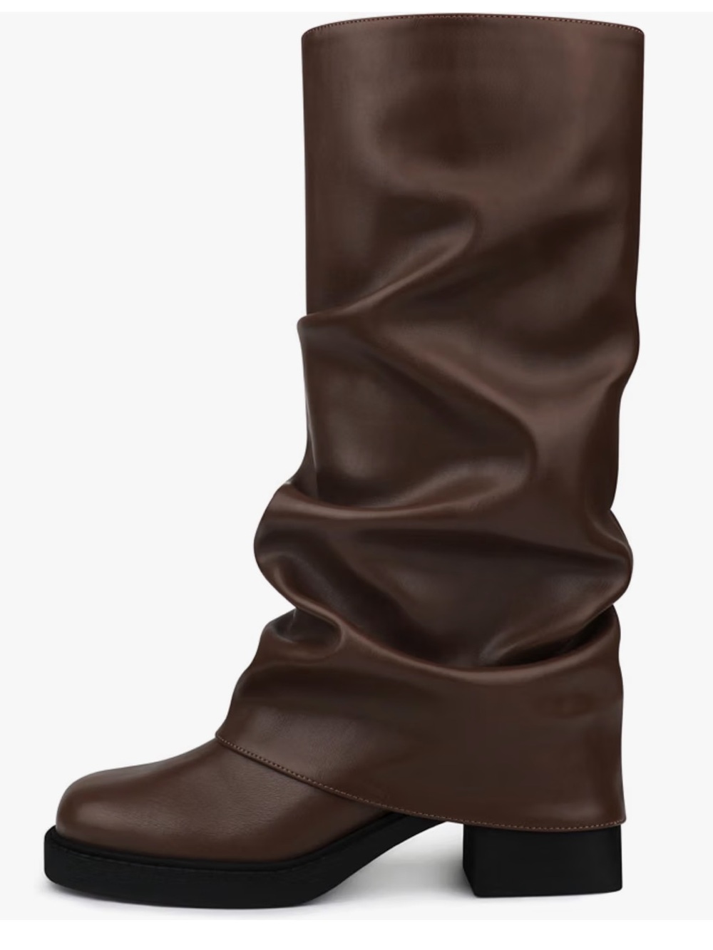 Slouchy Rouched Faux Leather Knee-High Block Heel Square Toe Boots